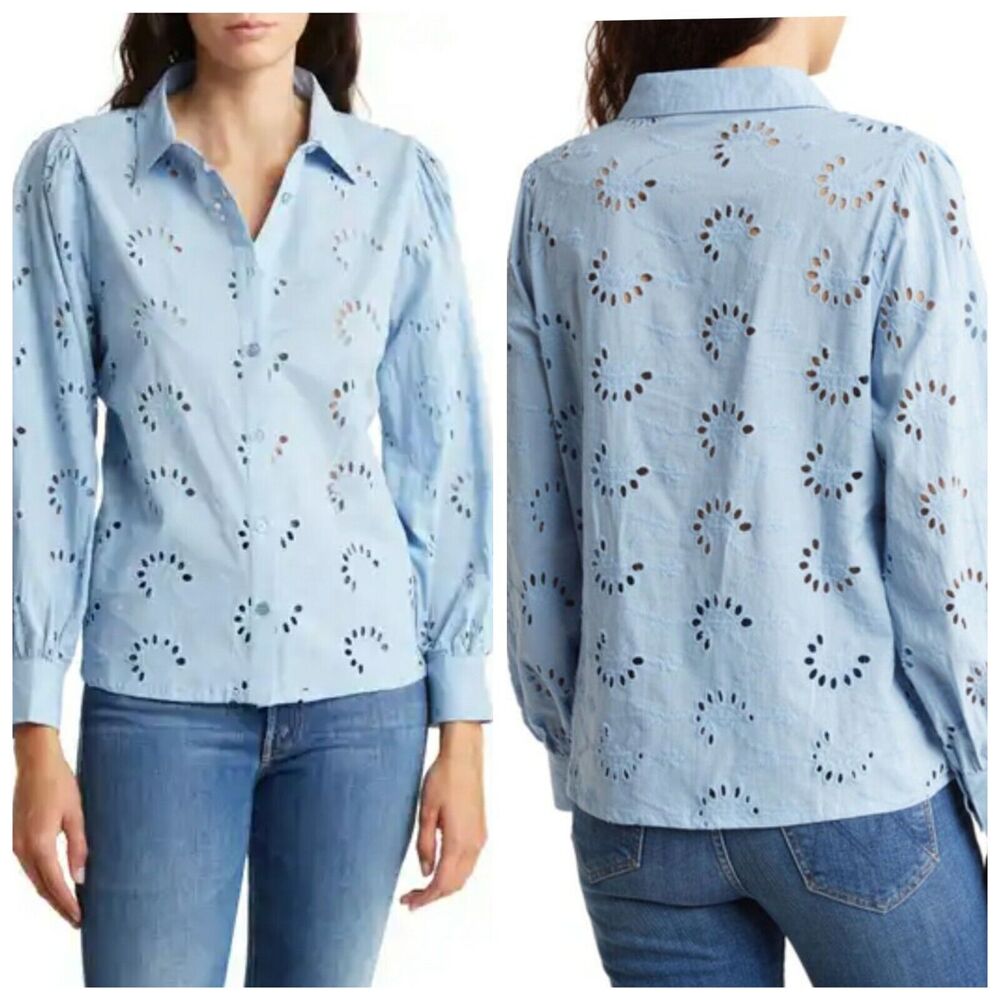 Anthropologie Liv Los Angeles High Neck Top White Medium Ballon Sleeve Eyelet